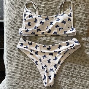 Butterfly Print Women's Intimate Set - White and Blue
